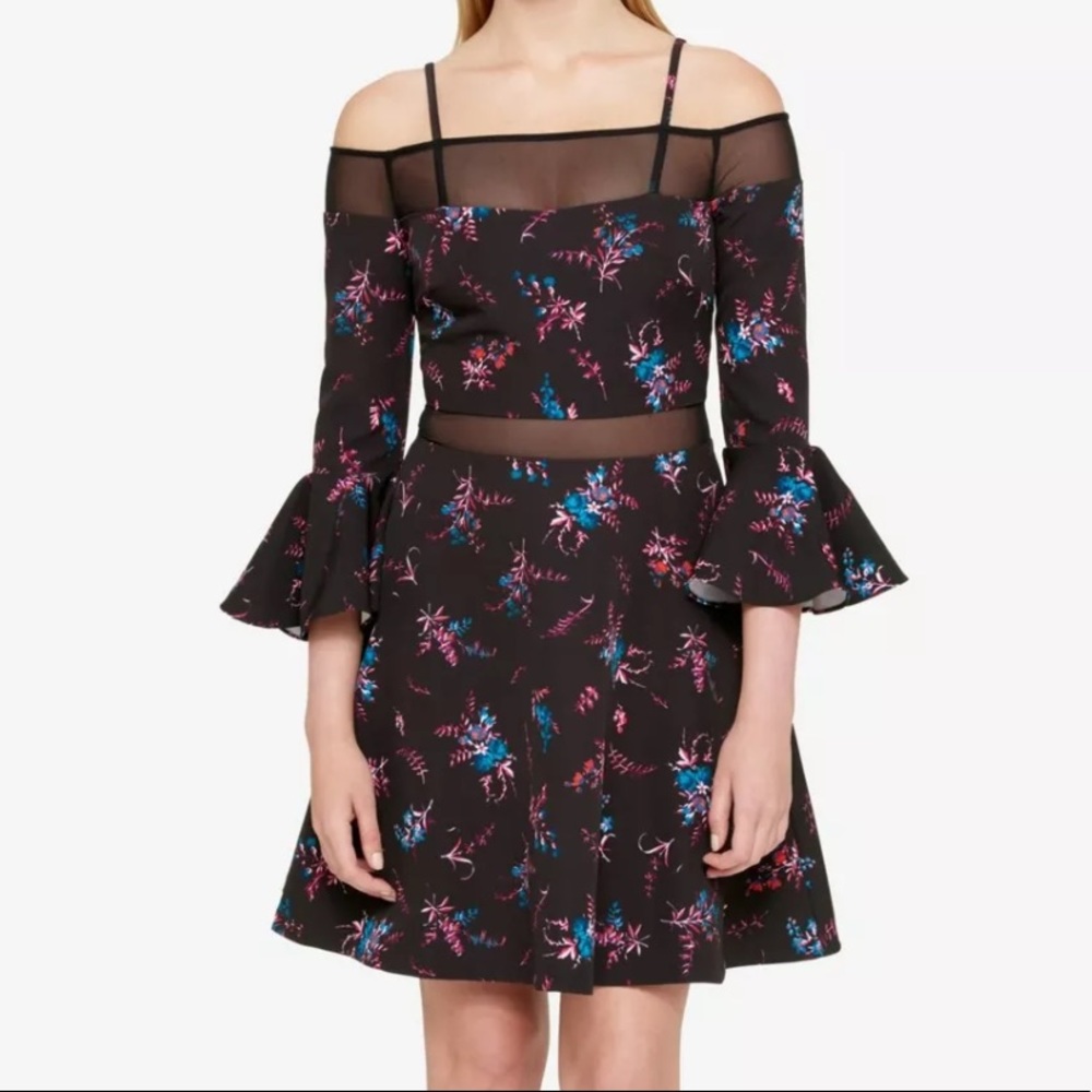 Guess Black Floral Cold Shoulder Dress. Sz 8